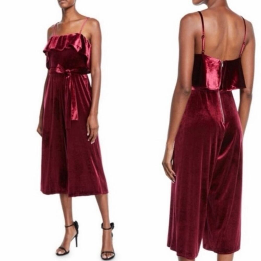 Avec Les Filles Velvet Jumpsuit Burgundy Red Ruffle Wide Leg Cropped Size 2